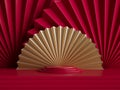 3d render. Blank showcase template for product display decorated with folded paper fans chinese style. Abstract red gold festive
