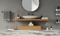 3D render with blank space and counter with top wood with washbasin and modern style white bathroom 3d render, white Royalty Free Stock Photo