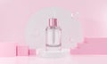 3d render of blank white cosmetic serum mockup on pink pastel background abstract scene with glass balls and podium stage. Beauty