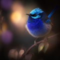 3d render of blue bird on a branch with leaves in the background