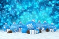 3d render - blue christmas baubles over bokeh background