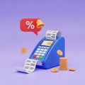 3D Render of a Blue Credit Card Machine with Percentage Notification and Coins payment terminal Royalty Free Stock Photo