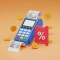3D Render of a Blue Credit Card Terminal with Receipts and Gold Coins payment transaction Royalty Free Stock Photo