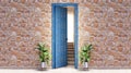 blue door open on a stone brick wall, 3d open door with stair and plantes