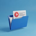 3D Render of Blue Folder with Video Icon and Documents on Blue Background play button Royalty Free Stock Photo