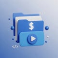 3D Render of Blue Folders with Dollar Sign and Play Button Icon on Blue Gradient Background Royalty Free Stock Photo