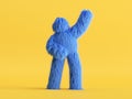 3d render, blue furry cartoon character, shaggy halloween monster, hairy beast. Unknown funny toy isolated on yellow background. Royalty Free Stock Photo