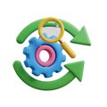 3D Render of a Blue Gear with Pink Center Inside a Green Circular Arrow Loop with Magnifying Glass Royalty Free Stock Photo