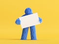 3d render, blue hairy cartoon character, funny furry toy holds white card mockup isolated on yellow background. Royalty Free Stock Photo