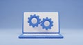 3D Render of a Blue Laptop Displaying Two Interlocking Blue Gears on a White Screen Against a Light Blue Background Royalty Free Stock Photo