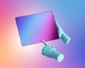 3d render, blue mannequin hands hold digital pad isolated on colorful pastel background, electronic device blank mockup.