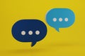 3D render blue minimal chat bubble. Contact us or chat icon 3D in yellow background. Concept of communication, social media