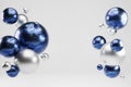 3d render of blue and silver baubles on white studio background. christmas banner Royalty Free Stock Photo