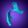 3d render, blue skin zombie hands, scary monster, Halloween clip art isolated on violet background