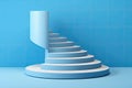 3d render of blue stairs on blue background. podium for product presentation, Spiral stair with pedestal, winner podium on blue