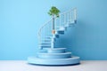 3d render of blue stairs with tree in pot, minimal scene, Spiral stair with pedestal, winner podium on blue background, 3d render