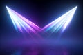 3d render. Blue violet disco illumination. Searchlights in the dark. Abstract background with two projectors, neon lights shining