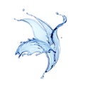3d render, blue water splash clip art isolated on white background. Abstract fountain, splashing liquid shape.