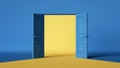 3d render, blue yellow background with double doors opening. Architectural design element. Modern minimal concept. Opportunity