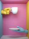 3d render, blue yellow hands holding white cup and plate, isolated on pink background, female mannequin body parts inside box,