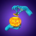 3d render, blue zombie hands hold carved pumpkin with scary face, halloween clip art isolated on violet background.
