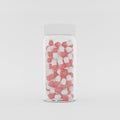 3d render of bottle with many white and red pills, close up. Medical concept of Virus Pandemic Protection, Coronavirus