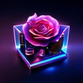 3d render of box with lipstick, perfume and rose on dark background Generative AI