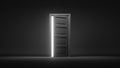 3d render, bright light glowing from an open door isolated on a black background. Architectural design element. Modern minimal