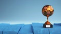 3D Render Bronze Football Trophy Cup Against Blue Foam Cube Or Square Background And Copy