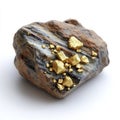 3D Render of Brown Rock with Gold Nuggets on White Background Royalty Free Stock Photo