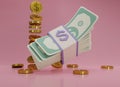 3D render Bundle cash and gold coins are falling on pink background. Dollar bills and coins icon. Minimal style money dollar cash Royalty Free Stock Photo