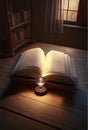 3D Render of Burning Glassware Candle With Open Book On Wooden Desk In Front The Window For Study Royalty Free Stock Photo