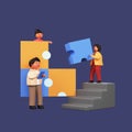 3D Render Of Business People Assembling An Idea Together By Solving Jigsaw Puzzle And Staircase On Blue Royalty Free Stock Photo