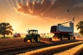 3D Render of a Bustling Farm at the Golden Hour: Tractors Tilling Fields, Farmers Harvesting Crops Royalty Free Stock Photo