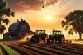 3D Render of a Bustling Farm at the Golden Hour: Tractors Tilling Fields, Farmers Harvesting Crops Royalty Free Stock Photo