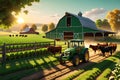 3D Render of a Bustling Farm Life Scene: Cows Grazing in Emerald Green Fields, Rustic Barn Dominating Royalty Free Stock Photo