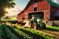 3D Render of a Bustling Farm Life Scene: Cows Grazing in Emerald Green Fields, Rustic Barn Dominating