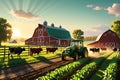 3D Render of a Bustling Farm Life Scene: Cows Grazing in Emerald Green Fields, Rustic Barn Dominating Royalty Free Stock Photo