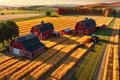 3D Render: Bustling Farm Life with Textured Hay Bales Dotting Golden Fields, Rustic Red Barn, and Farmland Scenery