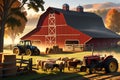3D Render of a Bustling Farm Scene: Barn Centered in Mid-Ground, Livestock Grazing, Rustic Tractor Parked
