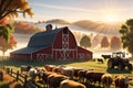 3D Render of a Bustling Farm Scene: Barn Centered in Mid-Ground, Livestock Grazing, Rustic Tractor Parked