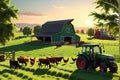 3D Render of a Bustling Farm Scene: Cows Grazing Serenely on Vibrant Green Pastures, Chickens Pecking Royalty Free Stock Photo