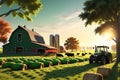 3D Render of a Bustling Farm Scene: Cows Grazing Serenely on Vibrant Green Pastures, Chickens Pecking