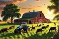 3D Render of a Bustling Farm Scene: Cows Grazing Serenely on Vibrant Green Pastures, Chickens Pecking Royalty Free Stock Photo