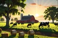 3D Render of a Bustling Farm Scene: Cows Grazing Serenely on Vibrant Green Pastures, Chickens Pecking Royalty Free Stock Photo