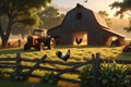 3D Render: Bustling Farm Scene at Dawn with Rooster Crowing atop a Weathered Wooden Fence, Dew-Covered Countryside Royalty Free Stock Photo