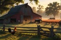3D Render: Bustling Farm Scene at Dawn with Rooster Crowing atop a Weathered Wooden Fence, Dew-Covered Countryside