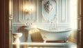 lavish bathroom interior dominated by elegant whites. The centerpiece is a luxurious white bathtub, AI Generated Royalty Free Stock Photo