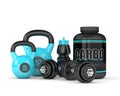 3d render of carbo powder jar with kettlebells and dumbbells