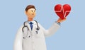 3d render. Cardiologist cartoon character shows red heart symbol. Clip art isolated on blue background. Medical application Royalty Free Stock Photo